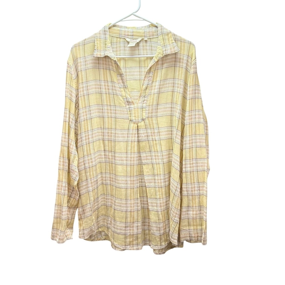Sundance Plaid Gauze Popover Blouse Top Size L Yellow Boho Peasant Cottagecore